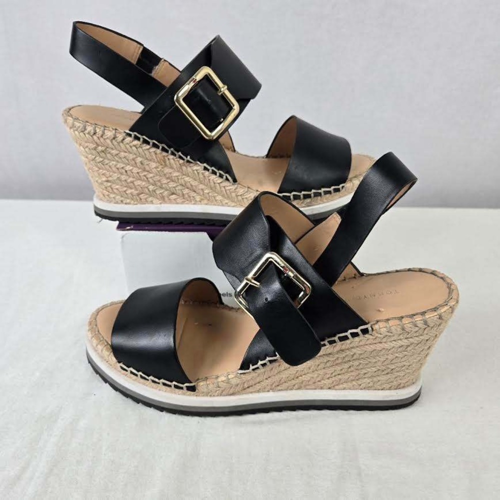 Tommy Hilfiger Twyazzi Womens Black Espadrille Wedge Sandals Gold Buckle Size 8M